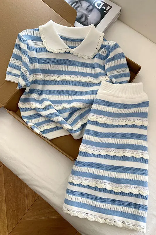 

Korejpaa Two Piece Sets Womens Outifits 2025 Summer Peter Pan Collar Casual Striped T Shirts Gentle High Waist Slimming Skirts