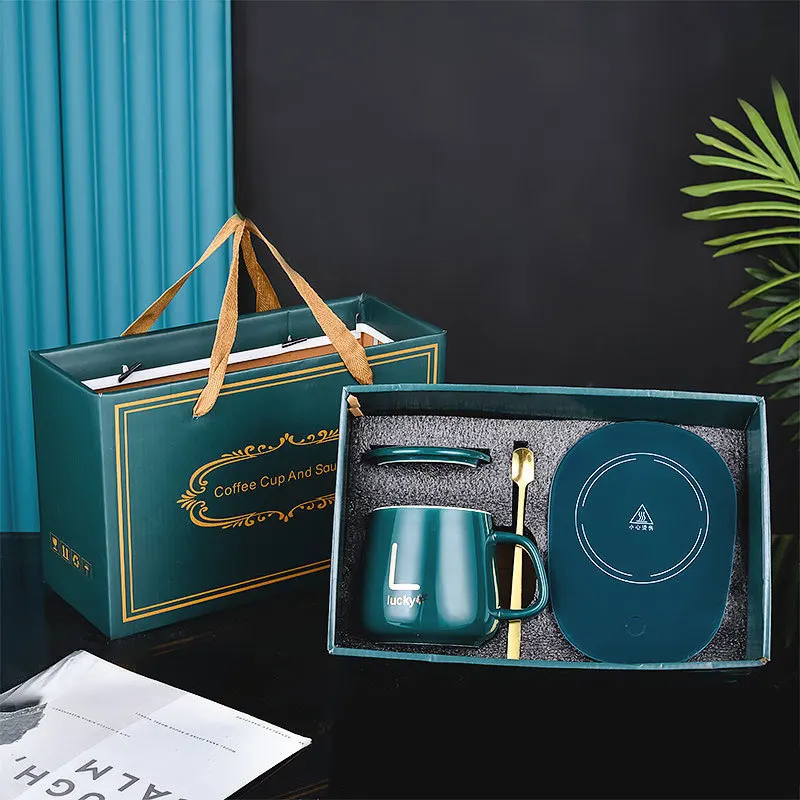 Thermostat Cup Gift Box with Spoon and Storage Bag Set 55 degrees Portable Ceramic Cup Set Birthday Christmas Gift Green Pink