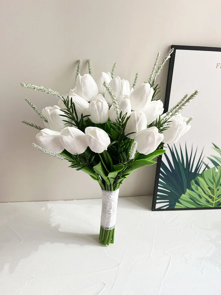 Bride Bouquet PU White Tulip Artificial Flowers Wedding Accessories Fake Green Plant Bridesmaids Bouquet Table Centrepiece Decor