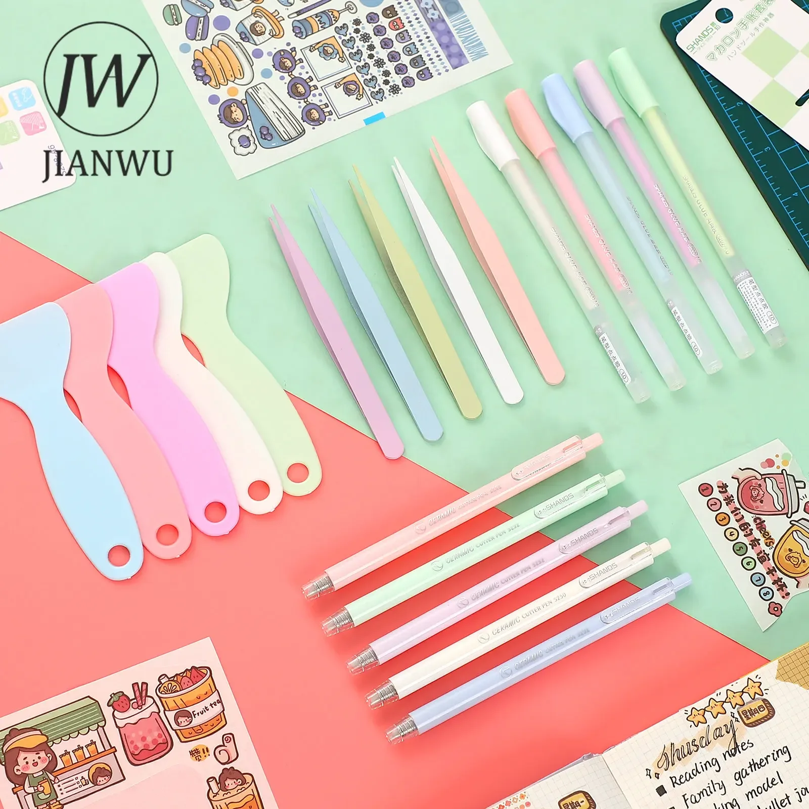 JIANWU 4 Pcs Cute Journal Tools Stationery Set Creative Dot Glue Pen Carving Knife Shovel Tweezers DIY Handmade School Supplies