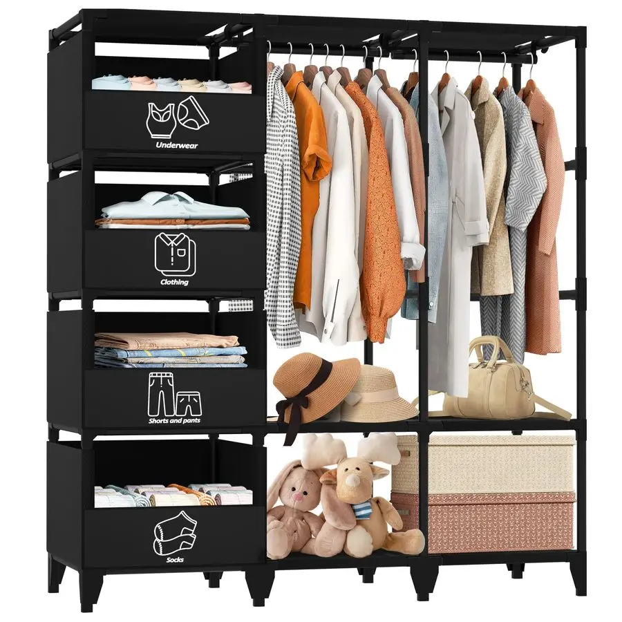 

Portable Closet, Easy Assembly, Large Capacity Wardrobe Closet, Sturdy and Stable Clothes Rack with Shelves 4 Storage Baskets a
