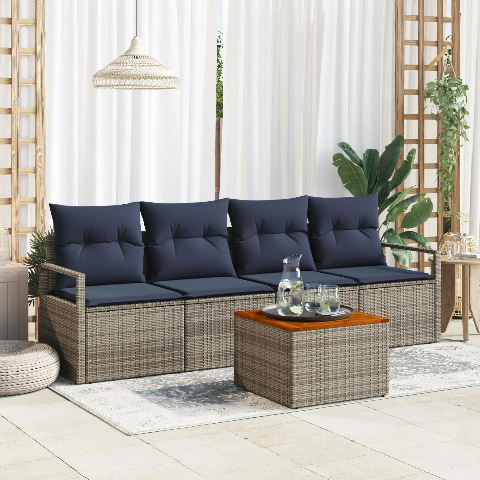 

5 Piece Grey Rattan Garden Sofa Set with Cushions Acacia Wood Outdoor Furniture