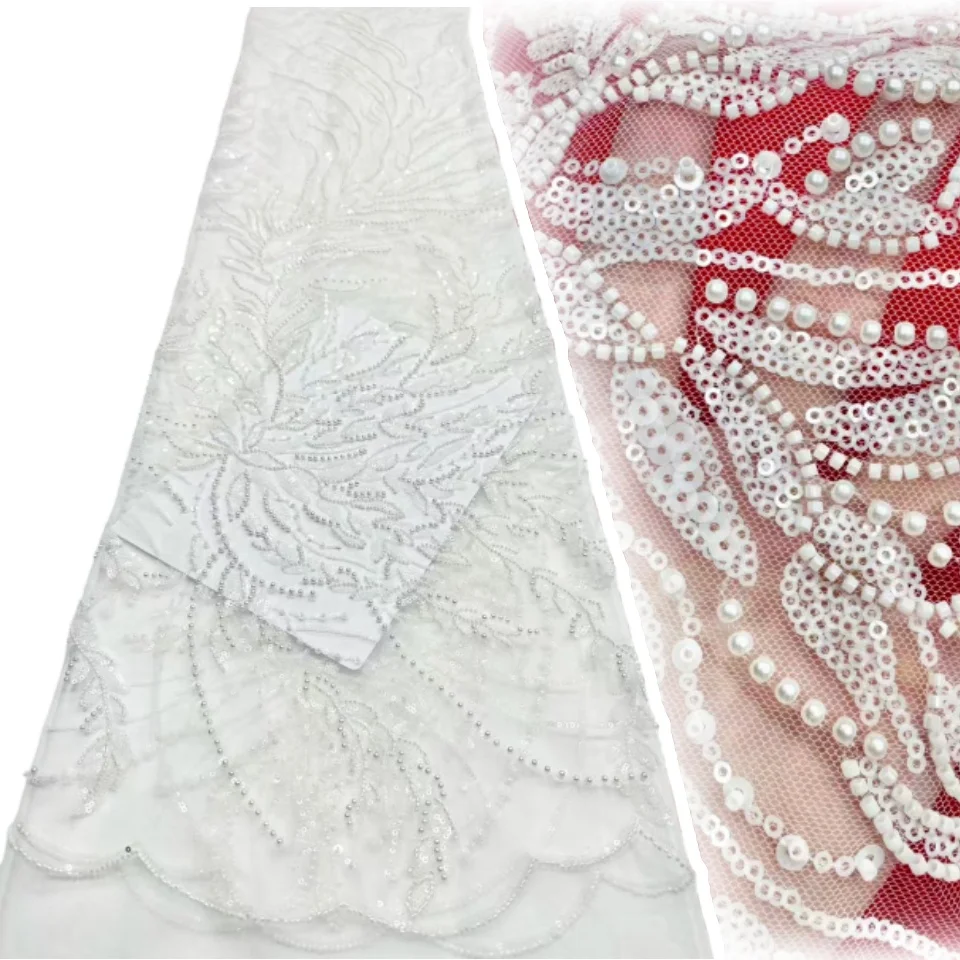 

African Lace Beaded Fabric Sequins French Mesh Lace Fabric High Quality Luxury diy Sewing For Women Wedding Dresses AH1683