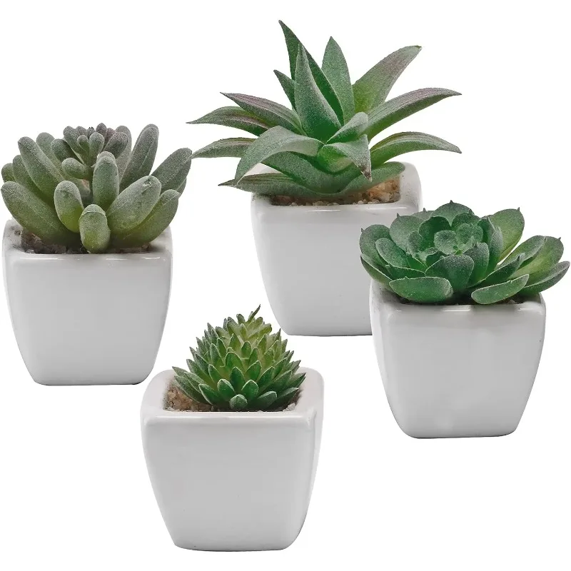 

A set of 4 mini assorted artificial plants, white ceramic pots decorated with green artificial succulents