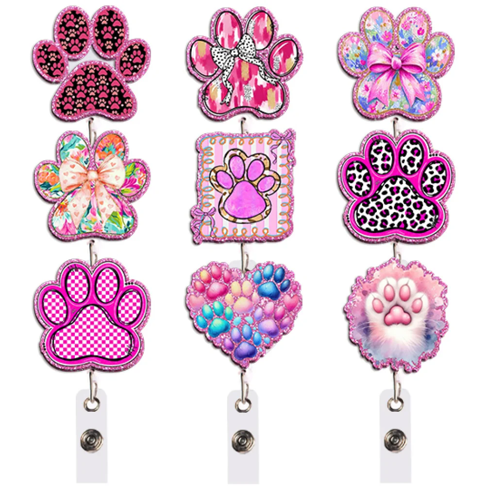 Colorful Pink Badge Reel Retractable ID Holder Leopard Bow Heart Paw Print Flower Unique Gift for Fantasy Lovers