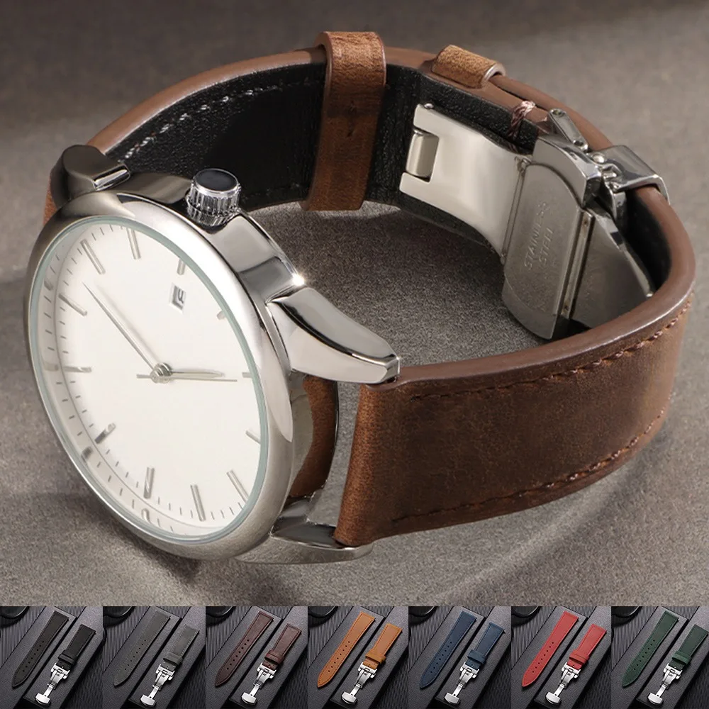 18/19/20/21/22/24mm Vintage Leather Watch Bands for Seiko Butterfly Buckle Stitching Cowhide Strap for Omega Soft Wrist Bracelet