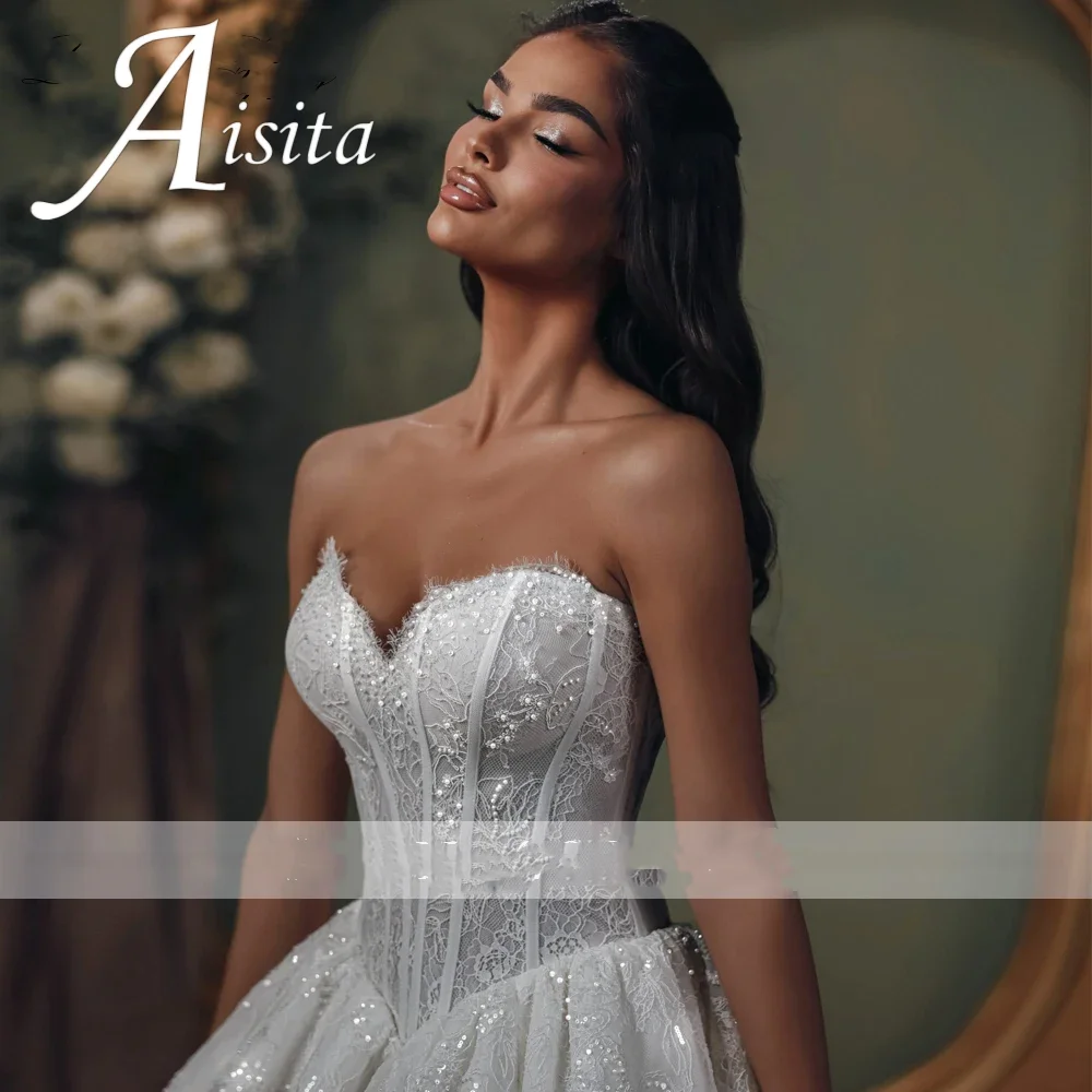 Customized Sweetheart Strapless Ball Gown Long Sleeves Lace Wedding Dresses Beaded Bridal Gowns with Removable Lace Jacket