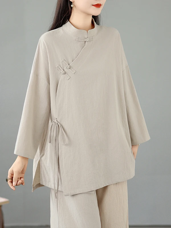 Chinese Style Cotton Linen Zen Tea Shirt Large Size Women's Tai Chi Clothing Midi Length Side Button Stand Collar Top