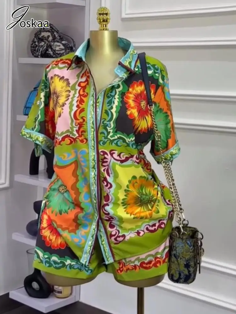 

Joskaa 2025 Summer Women's Floral Print 2 Piece Set Sexy Lapel Short Sleeve Button Shirt+Drawstring Shorts Match Y2K Streetwear