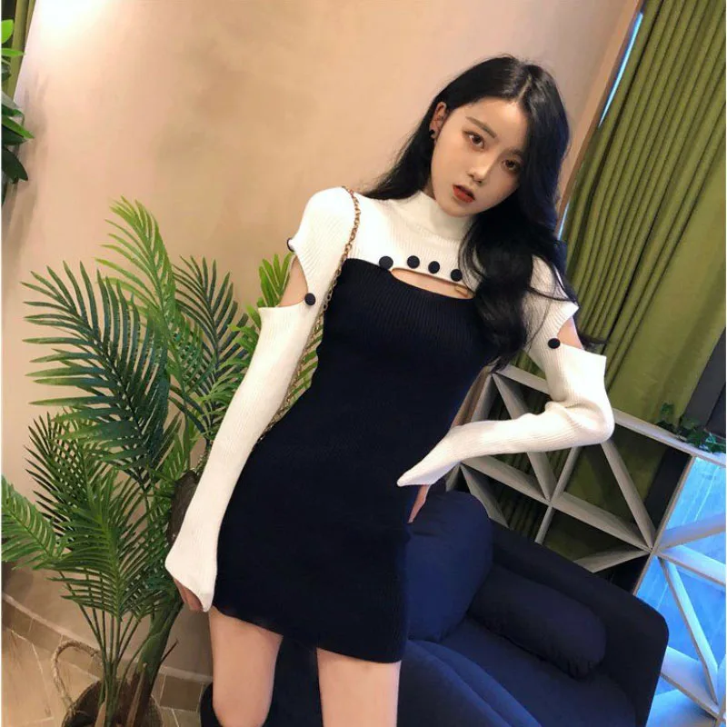 Knitted Sweater Dress Women's 2025 Autumn Winter Turtleneck Sweater Splicing Long Sleeve Sexy Hollow Slim Bottom Bag Hip Skirt