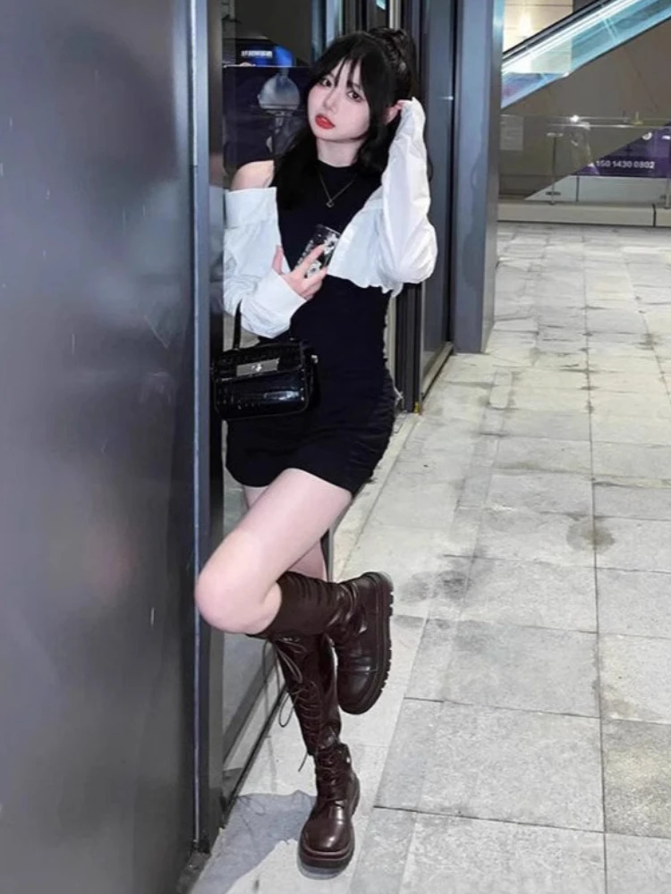 Franse nep tweedelige jurk zwart wit ronde hals off-shoulder bodycon mini-jurk zoet pittig sexy afslankende taille tienerstijl