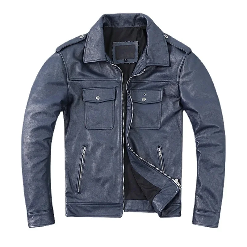 

New 2024 Spring Autumn Genuine Leather Clothes Men Cowhide Coat Pure Jacket Hemming Trendy Youth Multi-Pocket