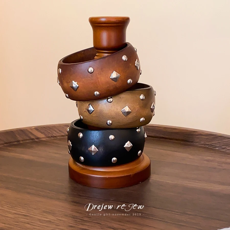 DREJEW Wide Wooden Bangle Bracelet Pyramid Metal Stud Decor Wrist Retro Bohemian Style Wrist Decor for Women Daily