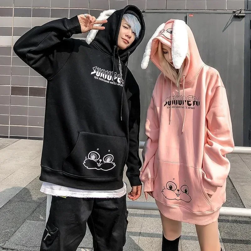 Autumn Winter Women Hoodies Harajuku Kawaii Rabbit Hoodie Sweatshirt Tops Cute Bunny Graphic Outerwear Korean Couple Hoodie