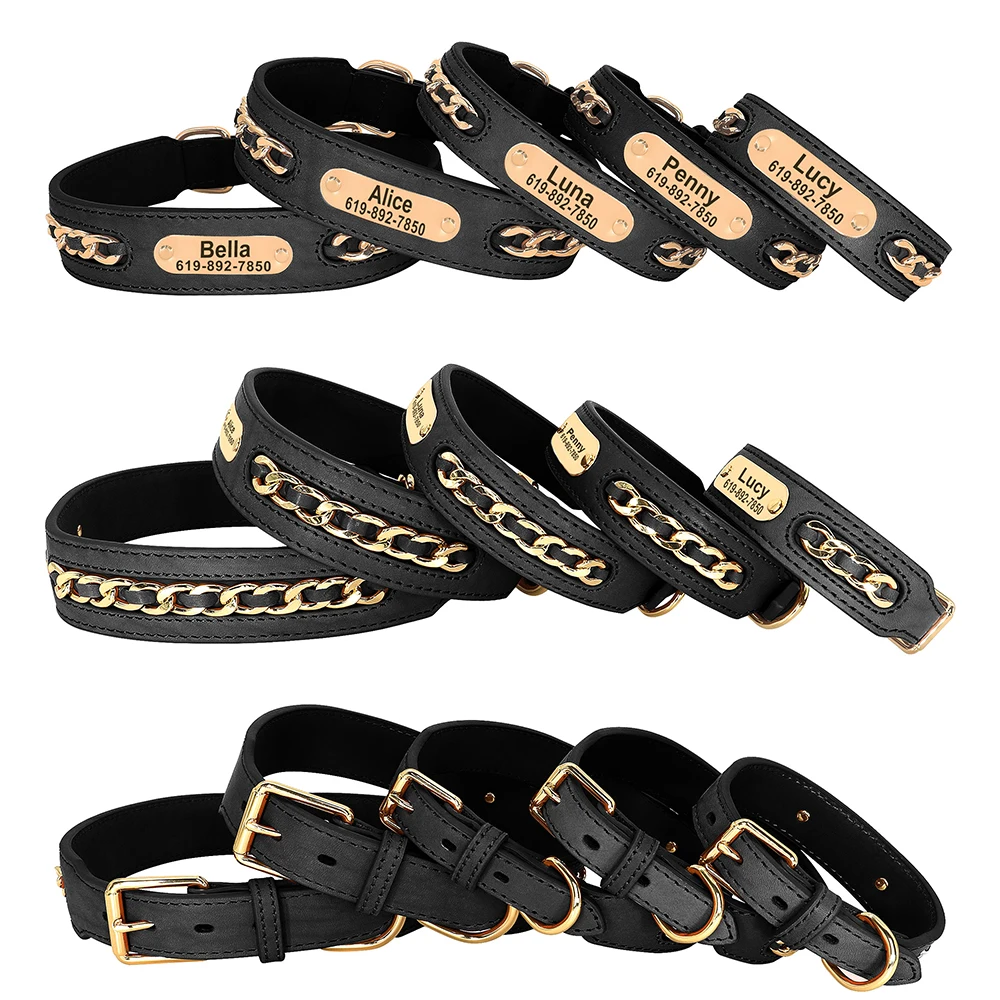 Personalisiertes Hundehalsband aus strapazierfähigem Leder für Hunde mit Anti-Verlust-Namensschild, Kettenzubehör für kleine, mittelgroße und große Hunde – Detail 7