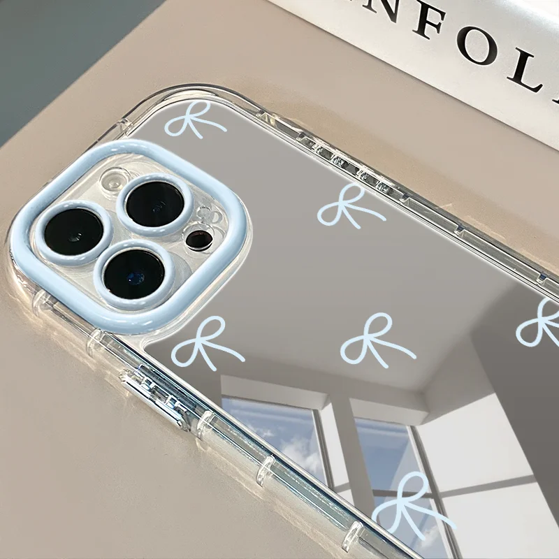 Ins coreano simples azul rosa arco menina espelho bonito caso de telefone para iphone 17 ar 16 15 pro max 14 13 12 11 xr x 7 8 plus y2k capa