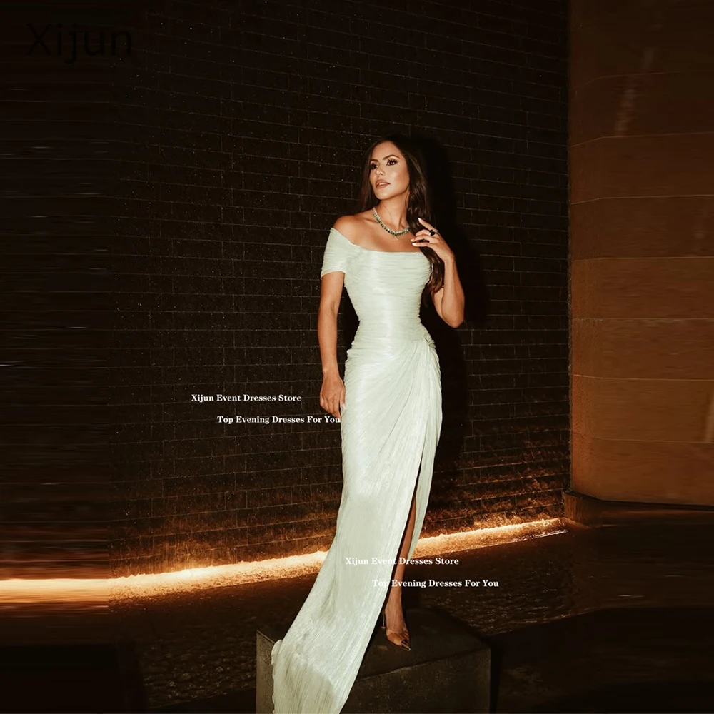 

Xijun Luxury Mint Green Mermaid Evening Dresses Off The Shoulder Split Maxi Prom Dresses Pleated Formal Prom Gowns Customized