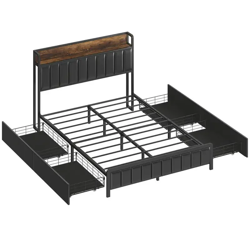 Cadre de lit 140 x 190 cm avec sommier à lattes en métal, lit double rembourré avec 4 tiroirs et étagère, noir