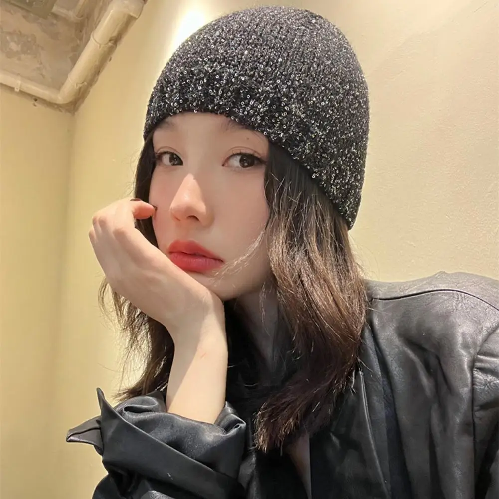 Streetwear Wool Hat Woolen Hat Sequin Decor Dome Hip Hop Style Women's Hat with Elastic Band for Large Head for Outdoor