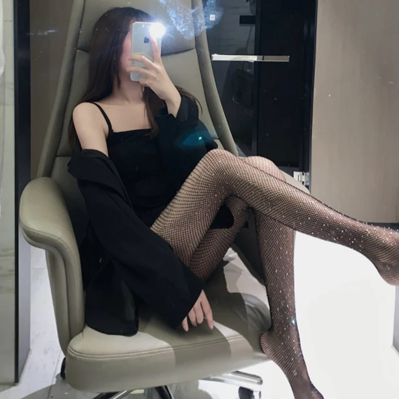 Summer Fishnet Diamond Pantyhose Women Sexy Fashion Shiny Net Tights Female Slim Rhinestone Mesh Nylon Stockings Tights