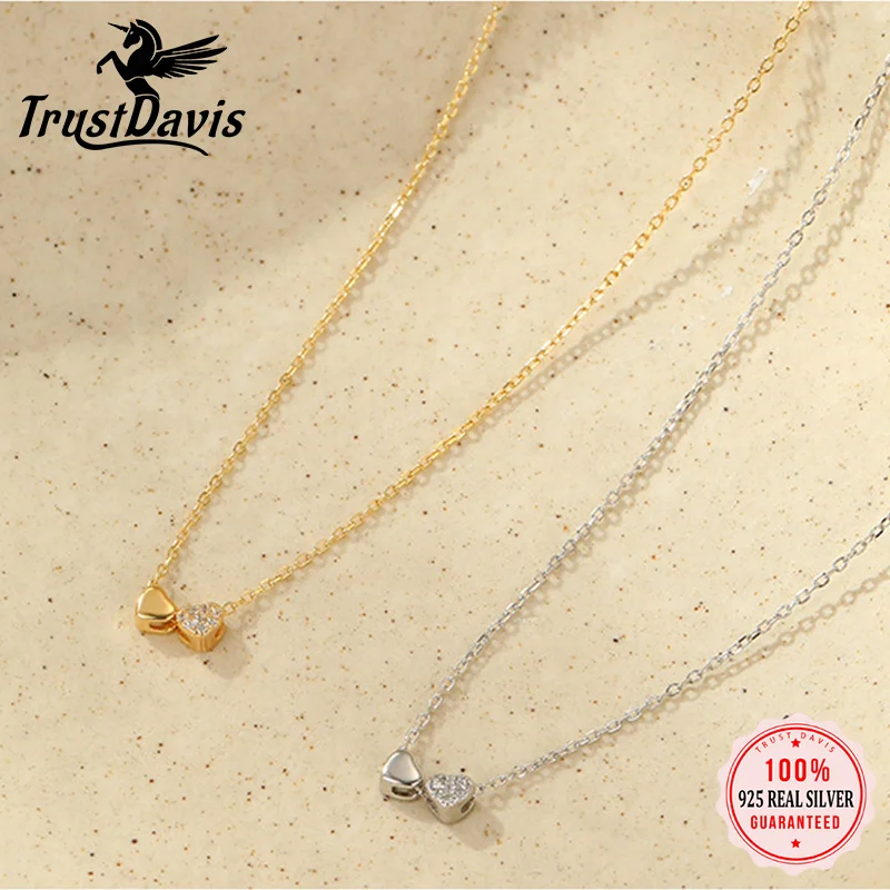 

TrustDavis Real 925 Sterling Silver Fashion and Elegant Double Heart Zircon Necklace for Women Girls Gift Fine Jewelry DS4825