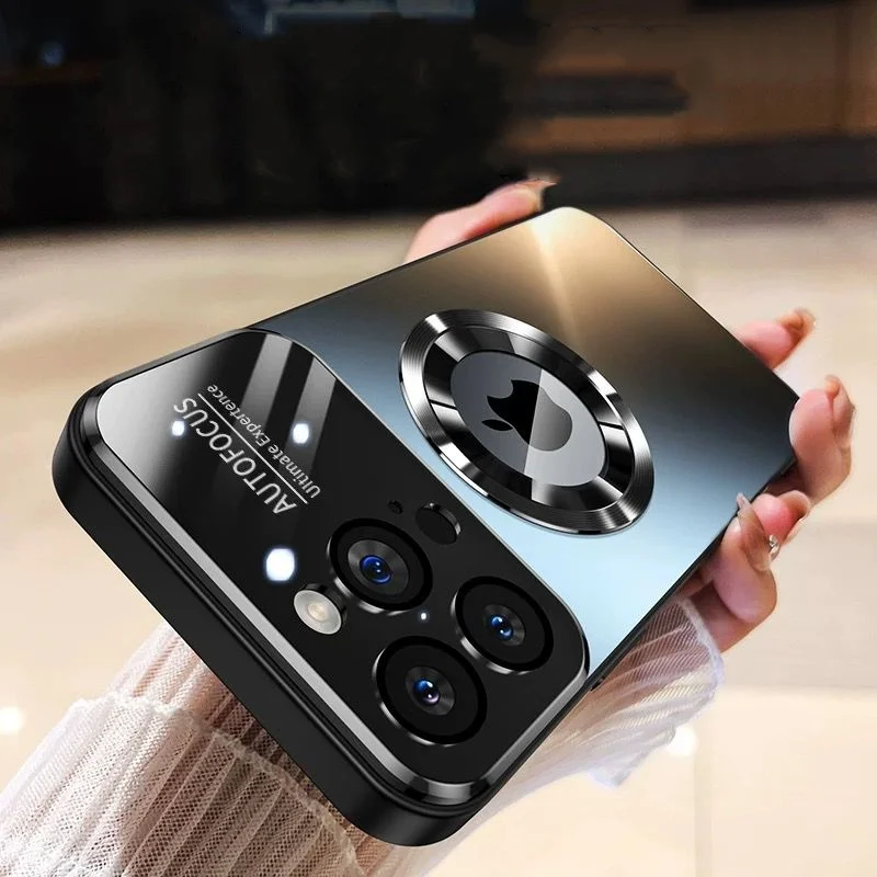 Luxus Große Fenster Magnetische Drahtlose Lade Telefon Fall Für iPhone 16 15 14Plus 13 12 11 Pro max Magsafe Glas Kamera Objektiv Abdeckung