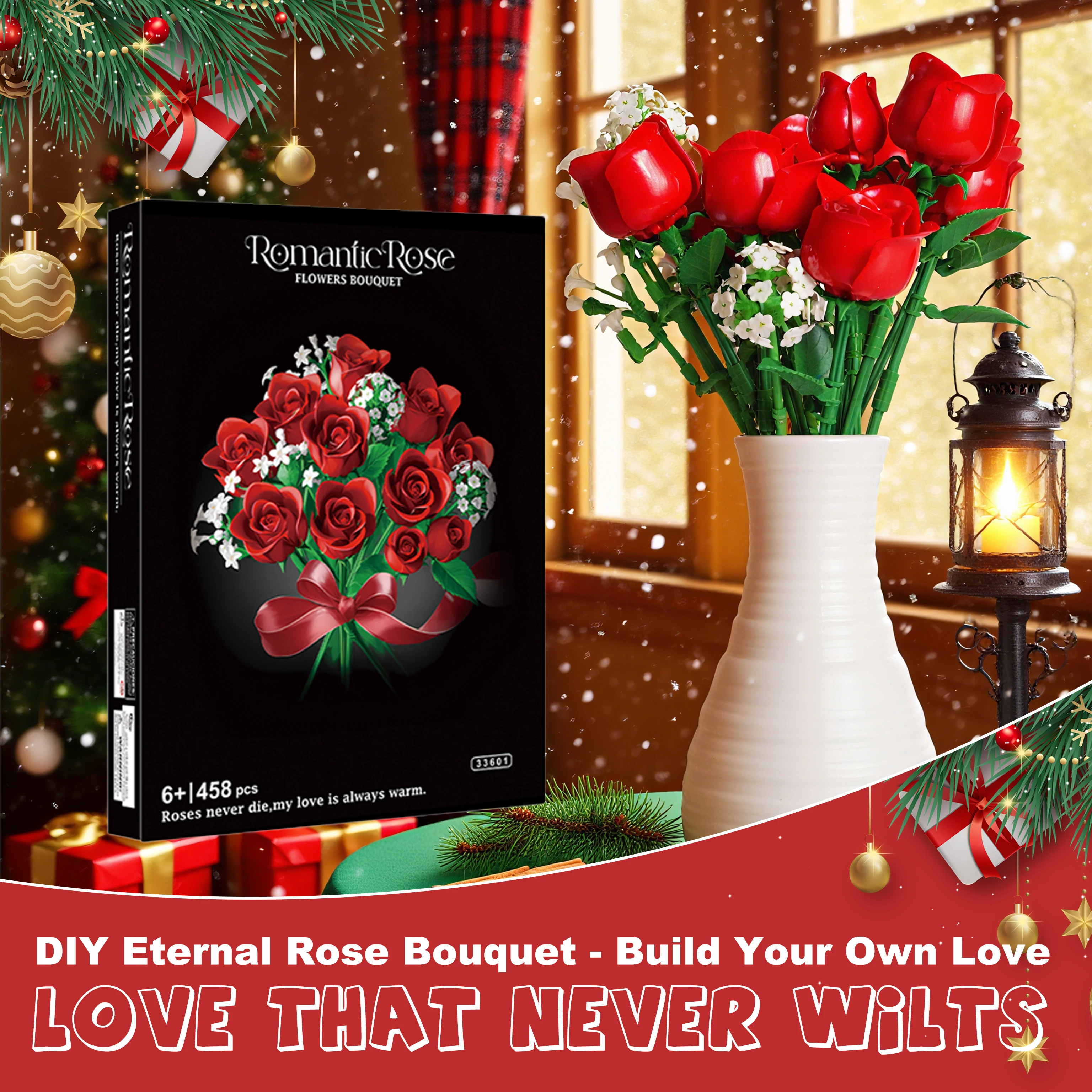 458Pcs+ Rose Building Blocks, Red Roses and Small White Flowers, Form a Romantic Bouquet, Gift for Friends, Lover, Girl Gift, Suitable for Christmas/Valentine's Day/Anniversary