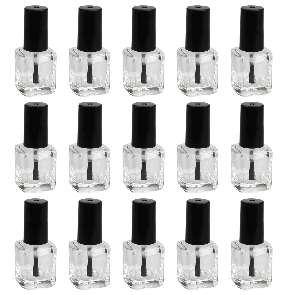 15Pcs Nail Polish Bottle Transparent Glass with Brush Black Cap for DIY Empty Container Reusable Chic Liquid Packaging