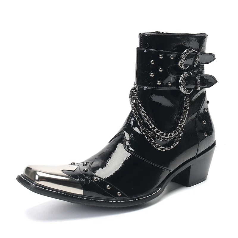 ハイレザーブーツ メンズ 本革 牛革 ジップ スクエアトゥ メタルヘッド ミッドカーフブーツ 5cm バックルストラップ 厚底ヒール 冬用ブーツ