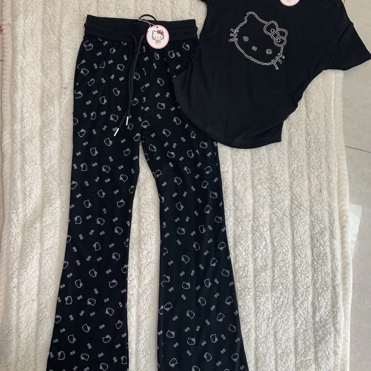 New Hellokitty Sanrio Kawaii Fashion Cartoon T-Shirt Trousers Summer Free Bell-Bottom Trousers Cultivate Girl