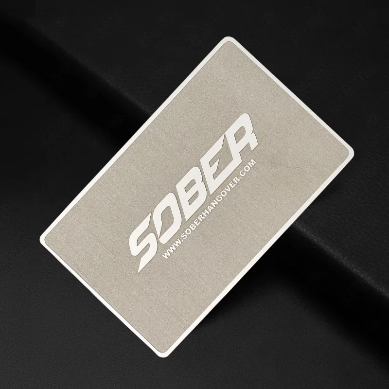 

Modern Silver Metal Card Printed with SOBER Brand & Web Address Promotional Metal Card