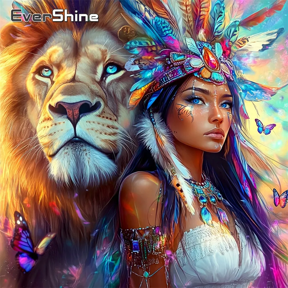 EverShine Diamantmalerei Porträt Frau Vollflächige Stickerei Indische Strass-Bilder Mosaik Löwe Handarbeit Wanddekoration