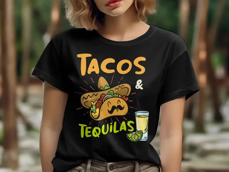 Funny Taco and Tequila Graphic T-Shirt Sombrero Wearing Taco with Tequila Illustration  Mexican Food Lover Gift