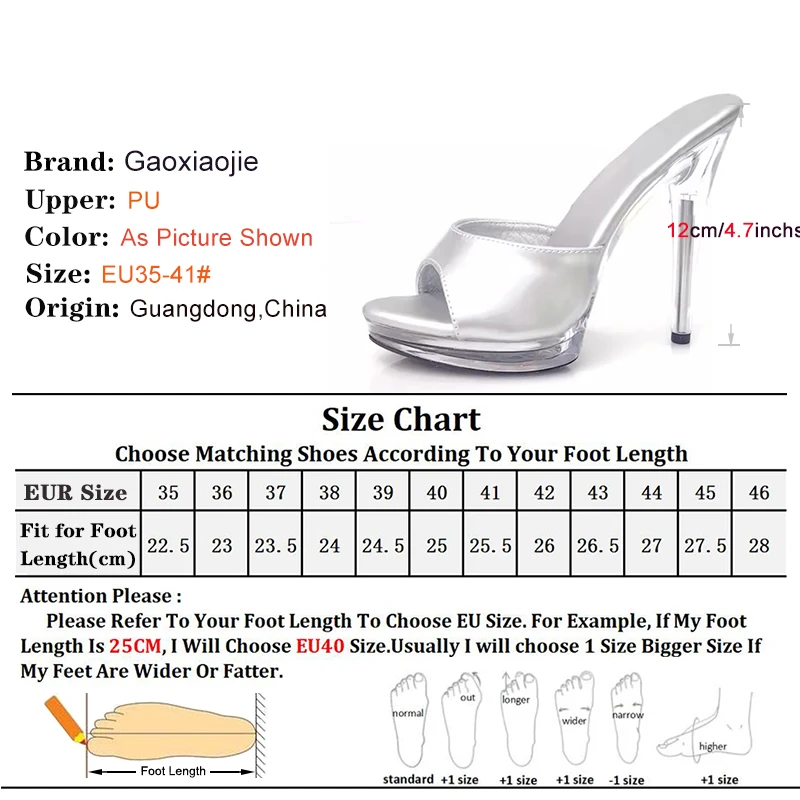 New Black Slippers Women Thin High Heels Summer Shoes Fashion Anti Slip Transparent Sandals 12CM Sexy Leather Slides Plus Size