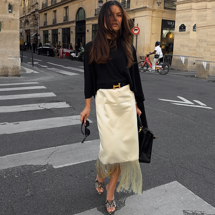 Street Chic Beige Satin Tassels Long Skirts For Woman 2026 Elegant High Waist Straight Skirts Casual Loose Skirt Female