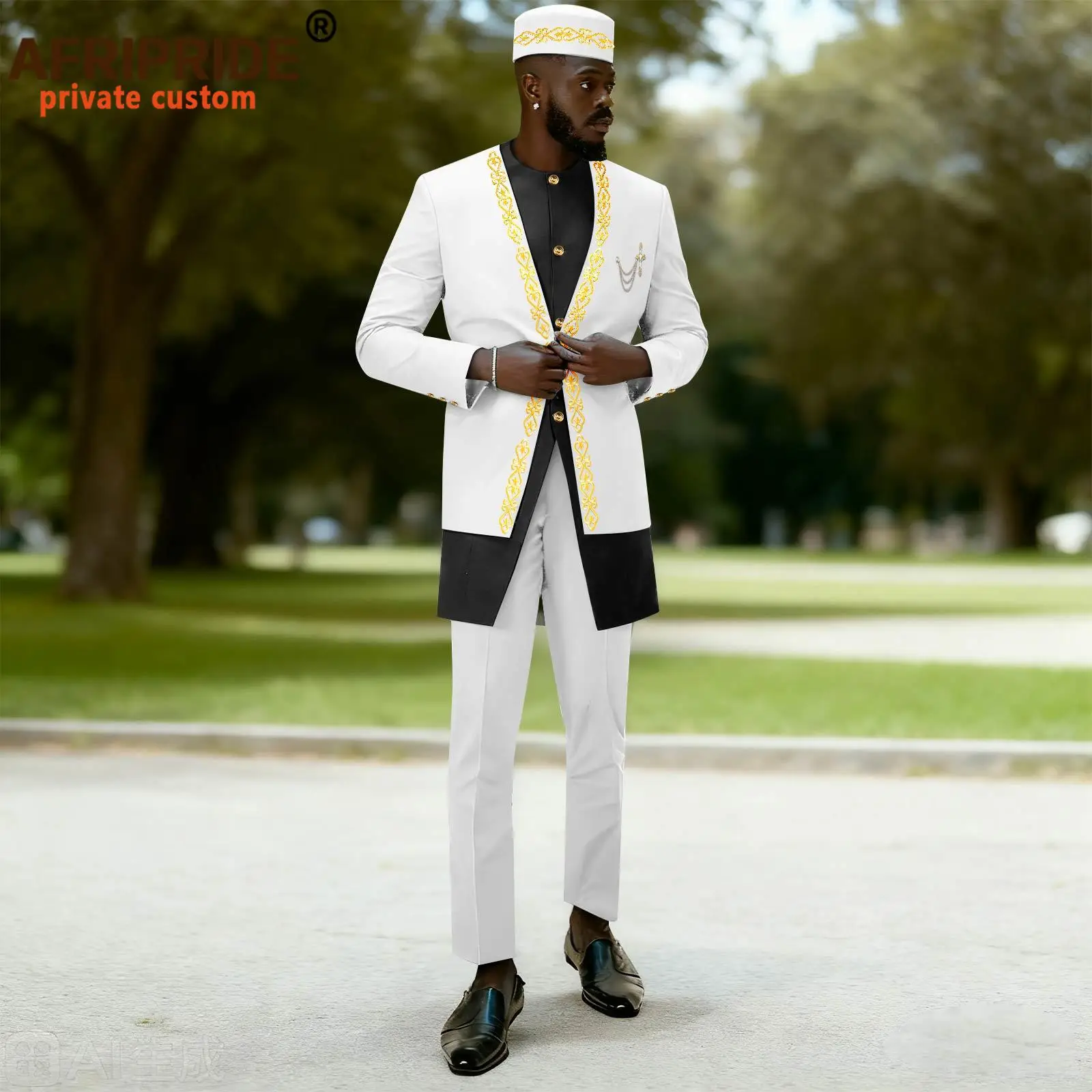 

African Clothes for Men Embroidery Single Breasted Brooch Pants Hats 3 Piece Set Dashiki Kaftan Bazin Riche for Wedding 2616002