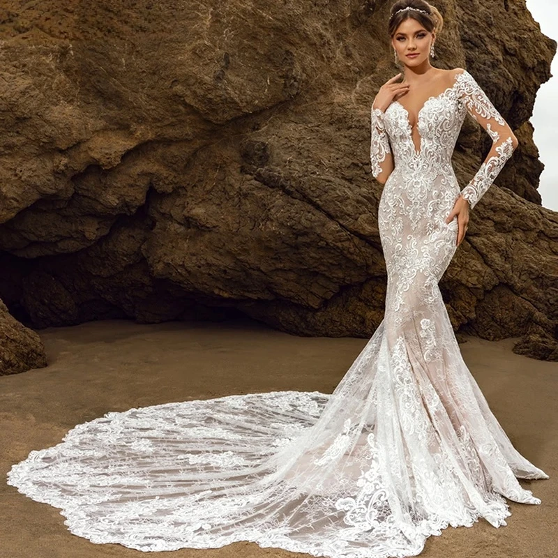 

Fashion Sexy Wedding Dress Mermaid Lace Deep V-Neck Neckline Full Sleeves Chapel Train Plus Size Bride Gown Vestidos De Novia