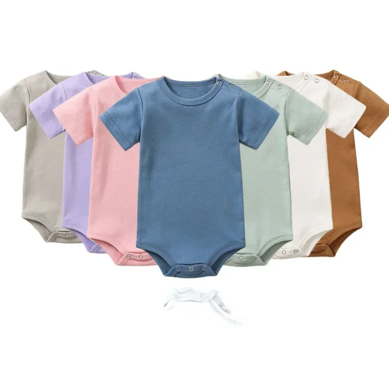 Newborn Baby Summer Rompers Short Sleeve Organic Cotton Infant Classic Romper Pajamas Solid Color Boy Girl Clothes