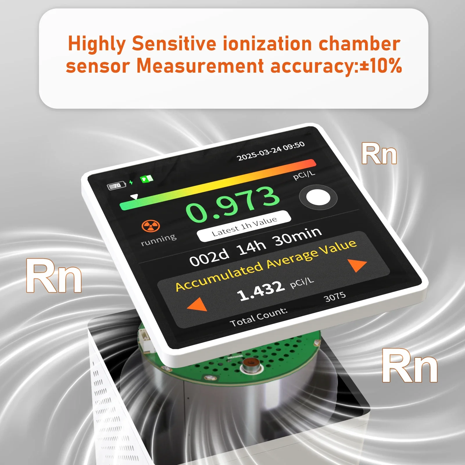 Radon Detector Audible Visual AlarmTouchscreen LCD Color Display, Long-Term Radon Gas  Detector Monitoring PCi/L or Bq/m³