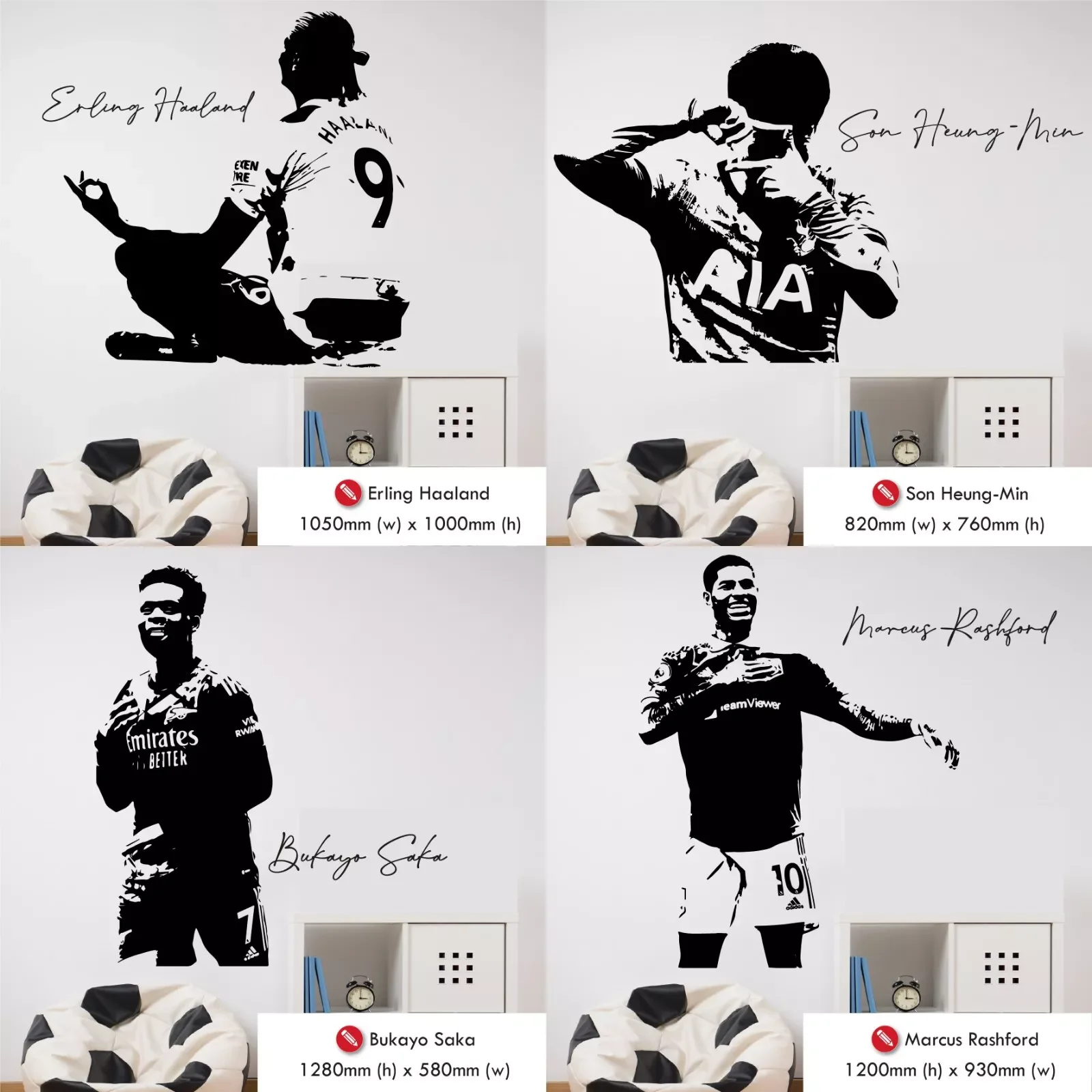 Haaland Son heung-min Bukayo Saka Marcus Rashford  football soccer   self-adhesive  removable Wall Sticker Art  Decal    Decor