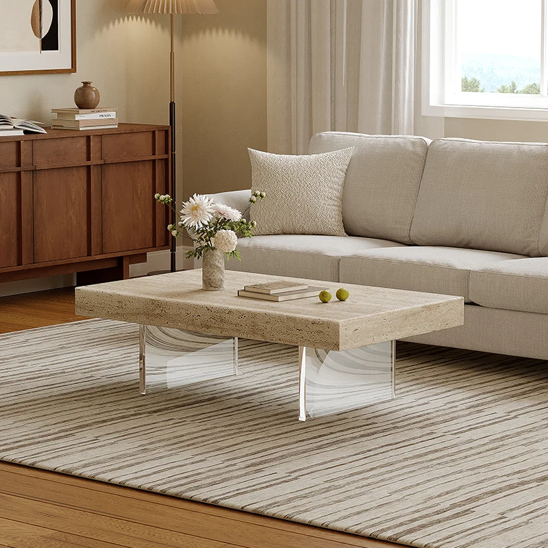 Wabi-Sabi Travertine Coffee Table, Modern Minimalist Tea Table for Home&Guesthouse, Heat & Scratch Resistant, Artisan Customize