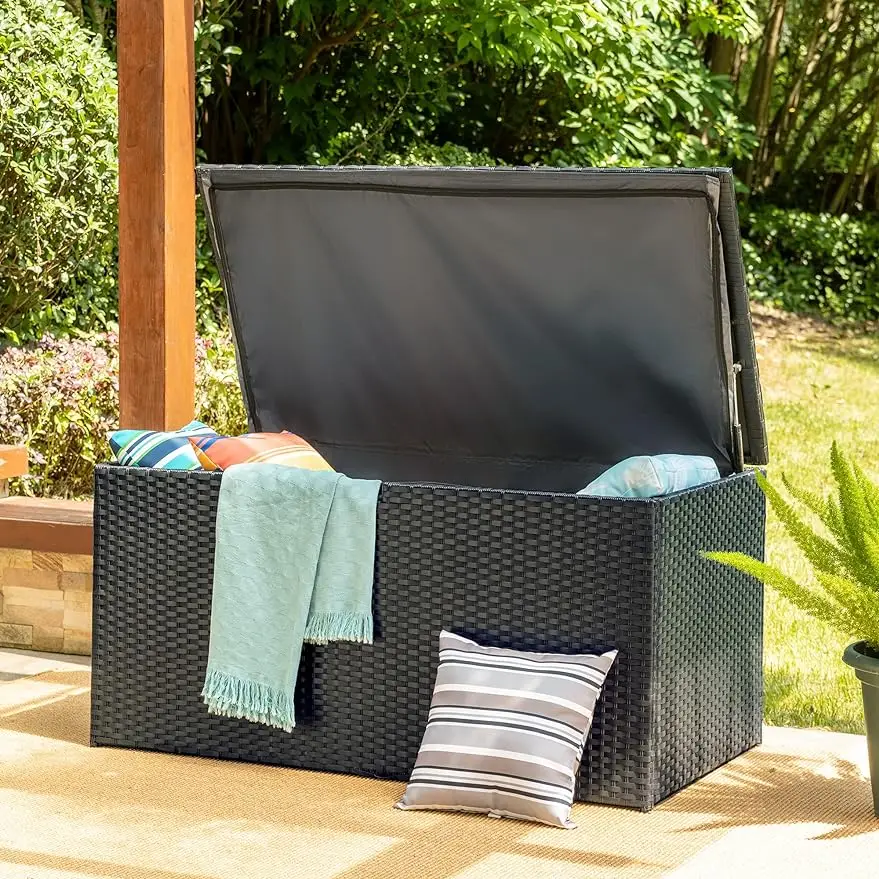 

140 Gallons Black All Weather Wicker Storage Trunk with Metal Frame，Indoor and Outdoor Oversized Waterproof Deck Box for Tools