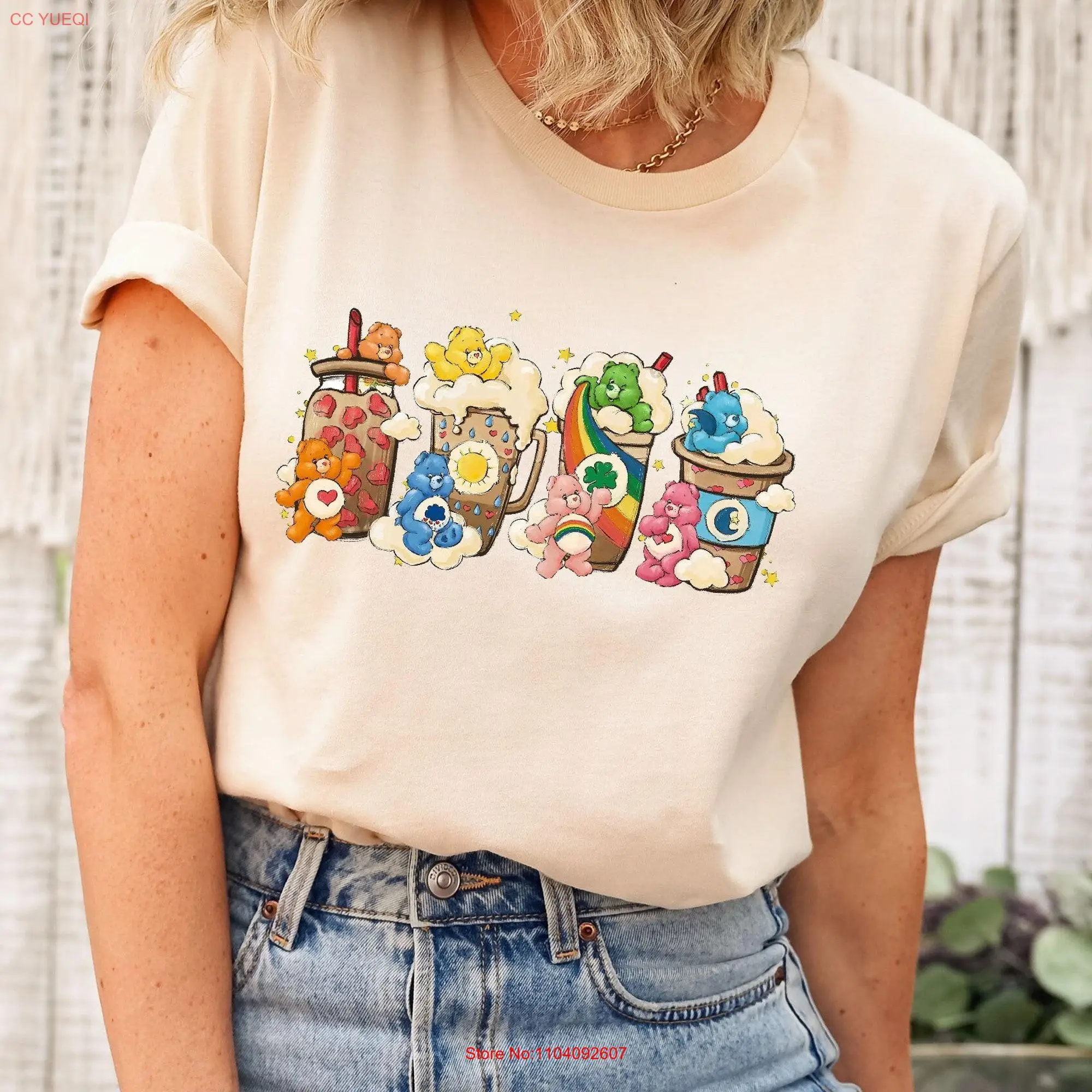 Cute Bears Coffee T Shirt Vintage Lovers 80's Kids Teddy Bear Rainbow Tender Heart long or short sleeves