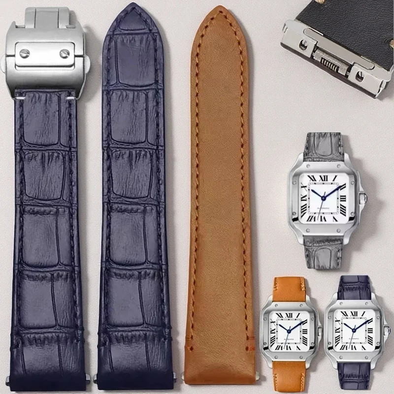 19mm 21mm Genuine Leather Strap For Cartier Santos Watchband Folding Buckle Quick fit Metal steel adapter Blue Grey Watch Chain