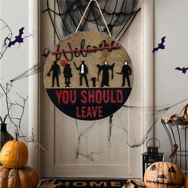 ABUI-Welcome Halloween شخصيات فيلم الرعب علامة الباب الأمامي ديكور داخلي للتعليق على الحائط