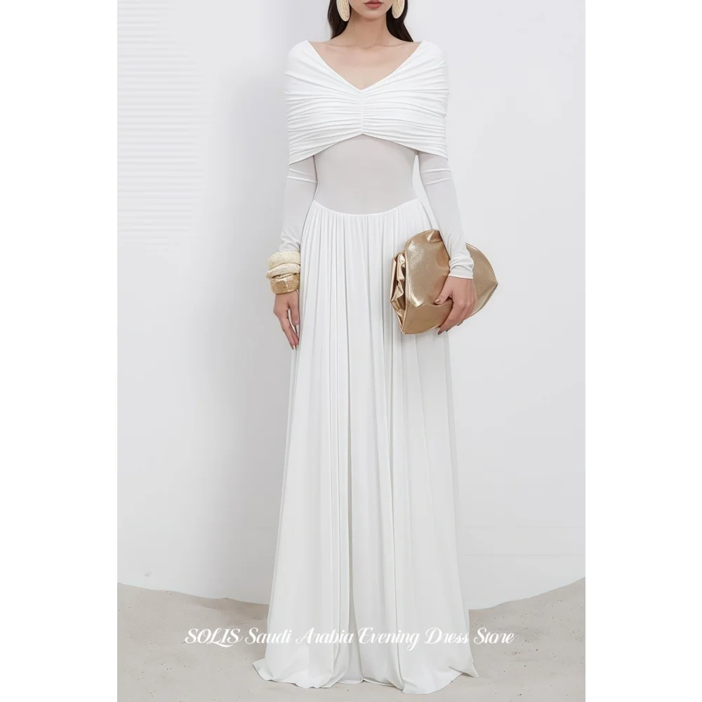

SOLIS White Off Shoulder Prom Dress Ruched Satin Evening Dress with Long Sleeve Elegant A-Line Formal Occasion Dress Customized