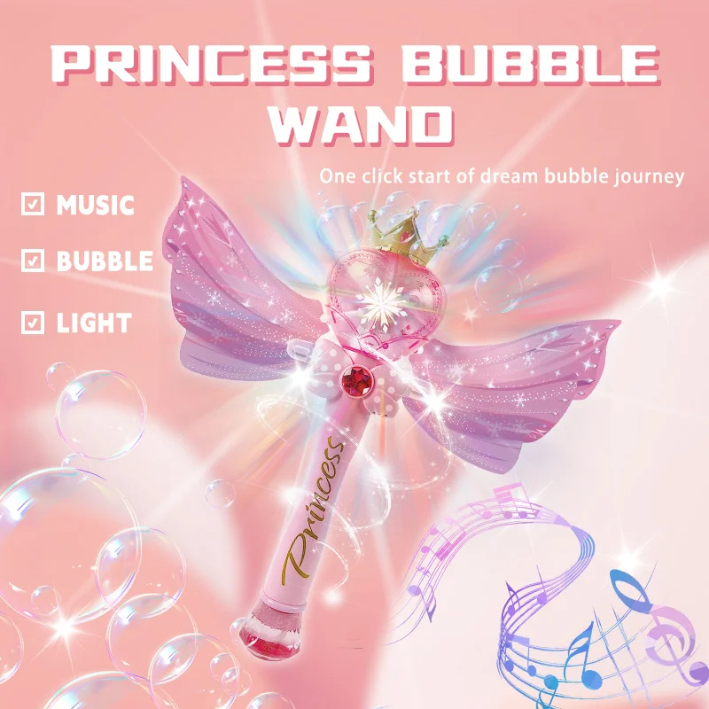 Varita de burbujas de princesa con música y luces LED, alas rosas, juguete de varita mágica - Regalo de burbujas de ensueño (líquido de burbujas no incluido)