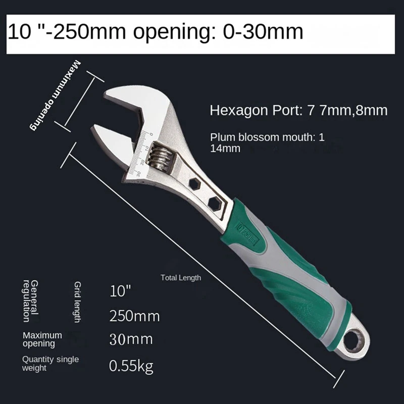 Multifunctional Adjustable Wrench With Large Opening Pipe Plastic Coated Non-Slip Handle