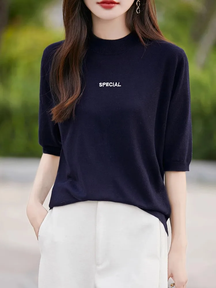 Early Autumn 2024 Women's Casual Loose Knitted Base irt f High Collar Thin Spun Five Sve Loose Fit Commute Sle