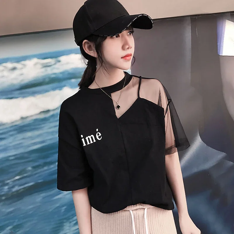 Tops Woman Baggy Summer Outfit Plain Mesh T Shirt for Women Short Sleeve Black Korean Reviews Many Clothes Clearance Emo Fashion